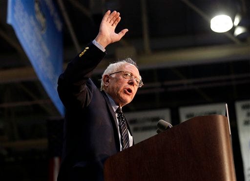 Democratic presidential candidate, Sen. Bernie Sanders, I-Vt., speaks during a rally at Grand Valley State University Field House Arena, Friday, March 4, 2016, in Allendale, Mich. (AP Photo/Nam Y. Huh)