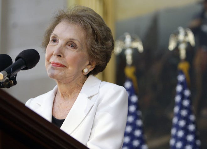 Former first lady Nancy Reagan speaks in June 2009 in the Capitol Rotunda in Washington, during a ceremony to unveil a statue of President Ronald Reagan. The former first lady has died at 94, The Associated Press confirmed Sunday.