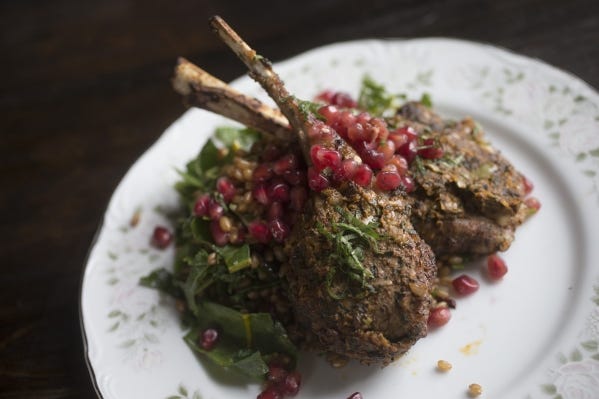 The lamb chops with pomegranate seeds and a wheat-berry salad