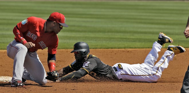 Red Sox second baseman Yoan Moncada (left) is late with the tag as Pittsburgh's Starling Marte steals second base during the second inning of a spring training game Wednesday in Bradenton, Fla.