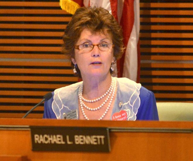 PETER.WILLOTT@STAUGUSTINE.COM St. Johns County Commissioner Rachael Bennett takes part in a County Commission meeting on Tuesday, May 19, 2015.