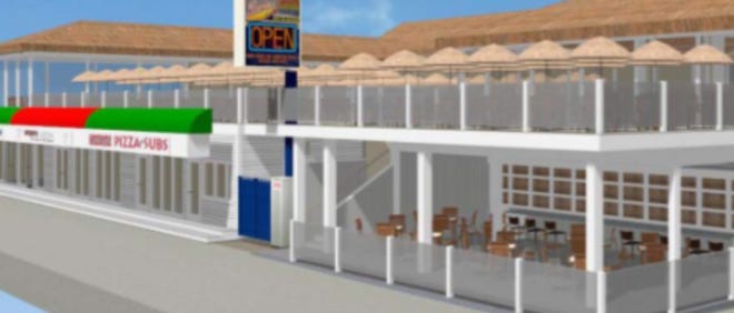 Bernie’s Beach Bar, at 73 Ocean Blvd. at Hampton Beach, plans to expand to also occupy 69 and 71 Ocean Blvd. (Courtesy rendering)
