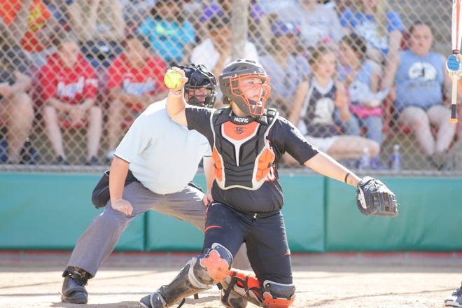 Rachel Sellers, shown catching against UCLA, leads the Pacific softball team in batting average and slugging percentage entering the Louisville Slugger Invitational this weekend at Bill Simoni Field. SCOTT QUINTARD/COURTESY PACIFIC ATHLETICS