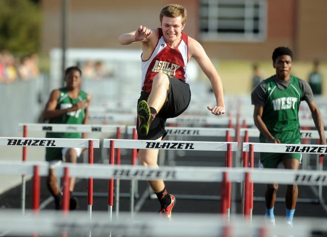 Ashley's Brice Eller came in second place in the boys 110-meter hurdles during the track meet at Ashley School Thursday. Cape Fear Academy, South Brunswick High School and West Brunswick High School traveled to Ashley to participate in the meet. Mike Spencer photos/StarNews