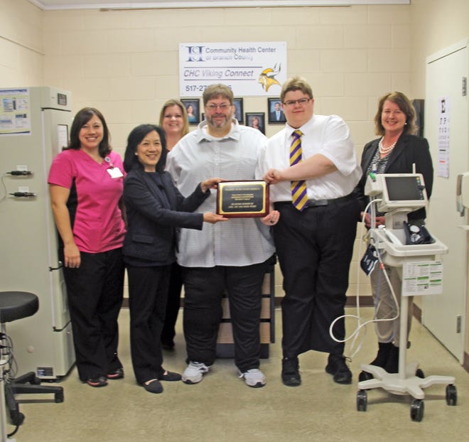 Pictured left to right: BHS nurse Jessica McKinley RN, Program manager Theresa Gillette RN (back), Dr Edelwina Dy, Pediatrician and Tele-Health Program Director, Ed Weigt, Sophomore Joe Weigt, and Nurse Practitioner Sarah Collins.
