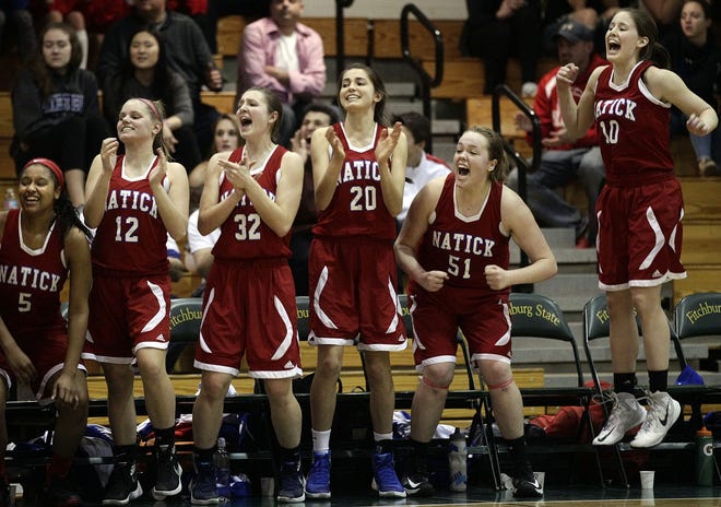 The Natick bench celebrates a baskett during Saturday's Division 1 Central final against Wachusett at Fitchburg State College.      Daily News and Wicked Local Staff Photo/ Marshall Wolff