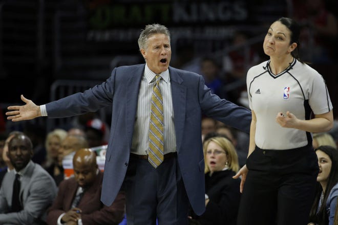 Sixers head coach Brett Brown argues a call with referee Lauren Holtkamp during last Friday's home victory over the Nets.