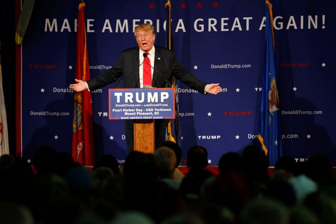 FILE - In this Dec. 7, 2015, file photo, Republican presidential candidate Donald Trump speaks during a rally coinciding with Pearl Harbor Day at Patriots Point aboard the aircraft carrier USS Yorktown in Mount Pleasant, S.C. Promising to tear up trade deals and tax imports, Trump taps into voter fears of foreign competition long unaddressed by the political system. But analysts say his ideas are misguided. (AP Photo/Mic Smith, File)