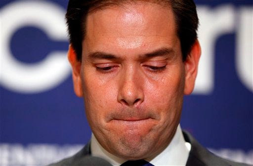 Republican presidential candidate Sen. Marco Rubio, R-Fla., speaks during a Republican primary night celebration rally at Florida International University in Miami, Fla., Tuesday, March 15, 2016. Rubio is ending his campaign for the Republican nomination for president after a humiliating loss in his home state of Florida. (AP Photo/Paul Sancya)