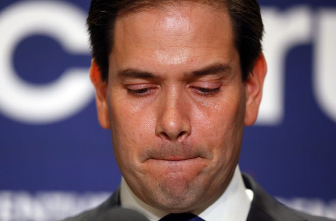 Republican presidential candidate Sen. Marco Rubio, R-Fla., speaks during a Republican primary night celebration rally at Florida International University in Miami, Fla., Tuesday, March 15, 2016. Rubio is ending his campaign for the Republican nomination for president after a humiliating loss in his home state of Florida. (AP Photo/Paul Sancya)