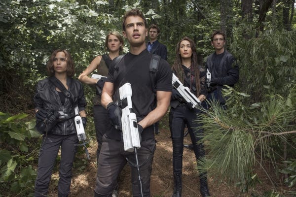 "The Divergent Series: Allegiant" features, from left, Zoe Kravitz, Shailene Woodley, Theo James, Ansel Elgort, Maggie Q and Miles Teller.
