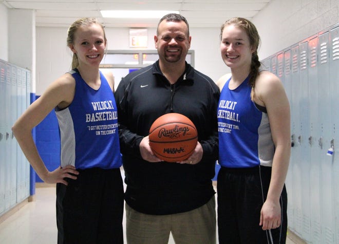 Above, left to right: point guard Jaycie Burger, coach Chris Hodos and forward Maddie Clark each received All-State honors for the 2015-16 girls basketball season. MATTHEW LOUNSBERRY PHOTO