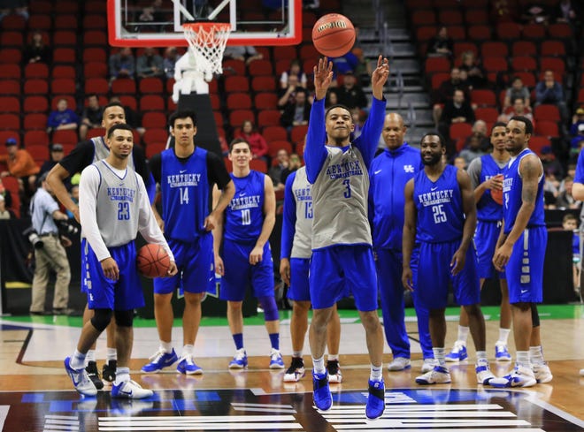 Kentucky's basketball team, seen here during practice on Wednesday, looks much different than it did 50 years ago. Associated Press/Nati Harnik
