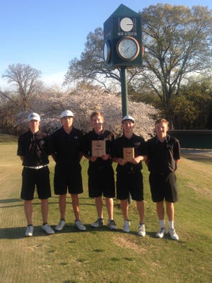 The Forestview golf team won the Tarheel Invitational held at the Tanglewood Golf Club in Clemmons on Friday. Avery Price shot a 70 to win medalist honors while the team finished with a 300. From left are team members Austin Sandford, Will Booker, Drew Jurs, Price and Ian Cherry. (Photo by Coach Dan Ghent/Special to The Gazette)
