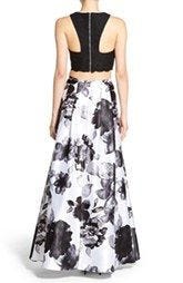 A two-piece black-and-white ensemble from Blondie Nights carries the floral motif.