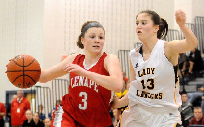 Lenape's Amanda McGrogan (left) drives to the basket as St. John Vianney's Sarah Karpell defends during the Tournament of Champions semifinals at Toms River North High School on Friday, March 18, 2016.