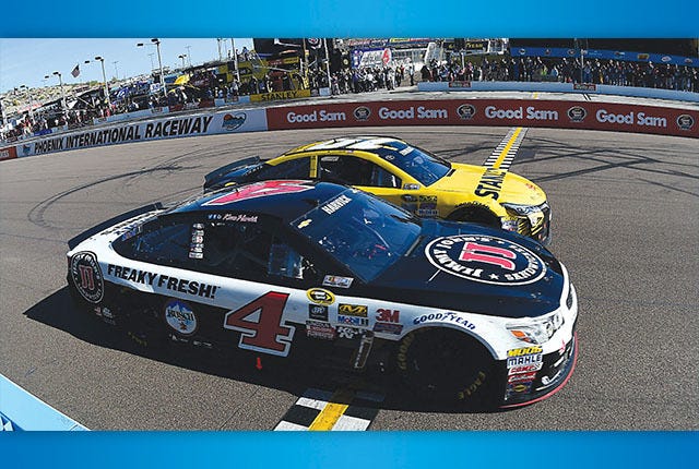 BY A NOSE — Kevin Harvick, front, beats Carl Edwards to the checkered flag to win last week’s NASCAR Sprint Cup Series Good Sam 500 at Phoenix International Raceway. Drivers are saying the new aero package brings a driver’s skills more into play with an increased potential for passing and, hopefully, more exciting competition.