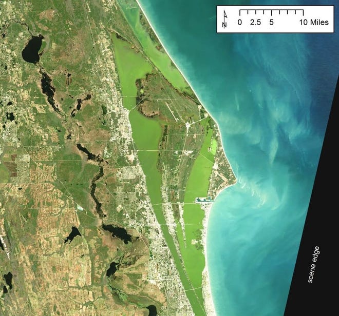 This recent satellite photo of part of the Indian River Lagoon System just south of Volusia County shows the extent of the algal blooms in the lagoon. Photo provided by St. Johns River Water Management District.