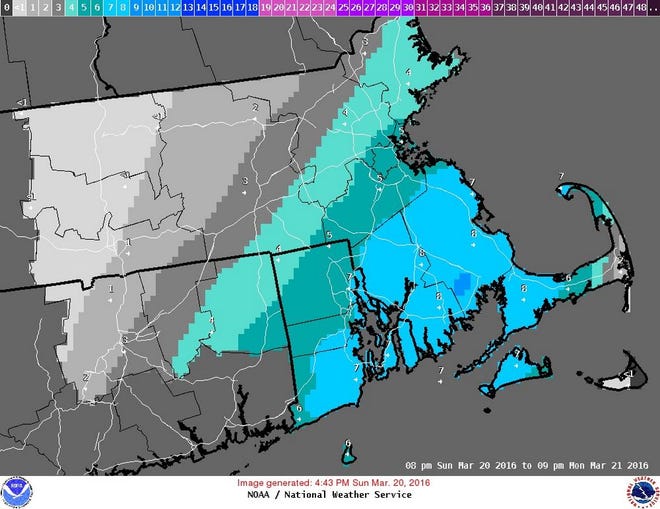 This map shows the most likely snowfall totals on Cape Cod from the winter storm, according to the National Weather Service.