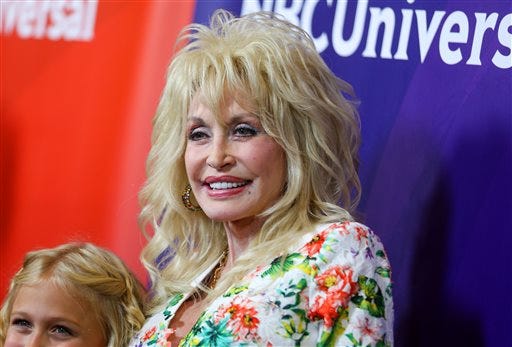 In this Aug. 13, 2015 file photo, Dolly Parton arrives at the NBCUniversal Summer TCA Tour in Beverly Hills, Calif. Parton and pop star Katy Perry will sing together at the 51st annual Academy of Country Music Awards, where Parton will be receiving a special award for her recent television movie about her childhood. The ACM Awards will air live on April 3 from the MGM Grand Garden Arena in Las Vegas on CBS. (Photo by Rich Fury/Invision/AP, File)
