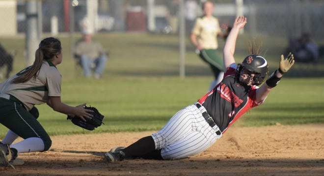 South Sumter's Leigh Yeager (9) slides into second at a game between The Villages and South Sumer High School at South Sumter in Bushnell on Tuesday.