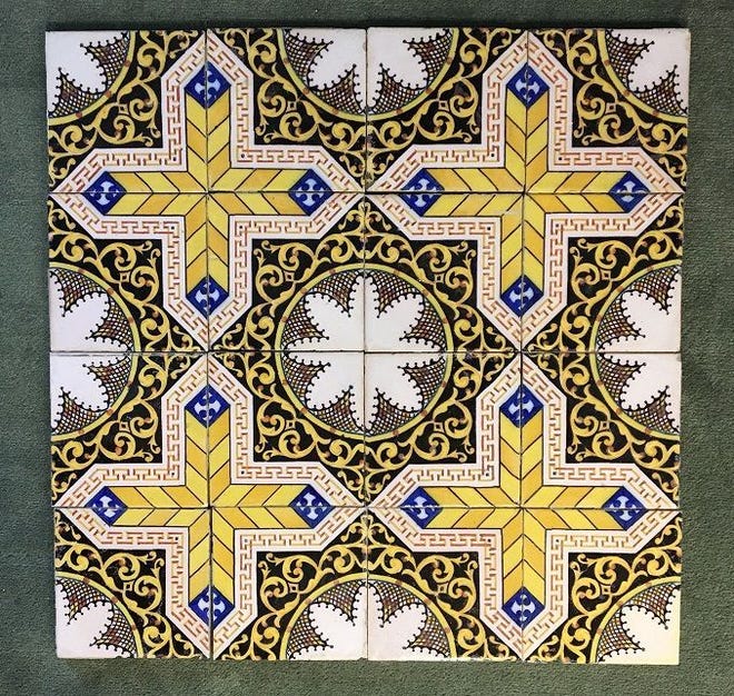 Moorish-style tin-glazed earthenware tiles that once graced the walls of the 1880 Stanford White-designed men’s lavatory (now the women’s lavatory) in the Newport Casino are featured in the new exhibit ‘Newport Designs: The Art of Architecture, Landscape and Planning’ in Redwood Library’s Van Alen Gallery. Though the tiles were removed in a renovation of the lavatory in the 1990s, all tiles have been saved and are within the archives of the International Tennis Hall of Fame. COURTESY OF THE MUSEUM AT THE INTERNATIONAL TENNIS HALL OF FAME