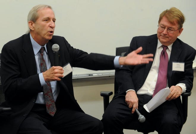 California State University, Stanislaus, President Joseph F. Sheley, left, who is retiring July 1, and San Joaquin Partnership President and CEO Mike Ammann take part in a question and answer session in 2015 on the Stockton campus. CALIXTRO ROMIAS/RECORD FILE 2015