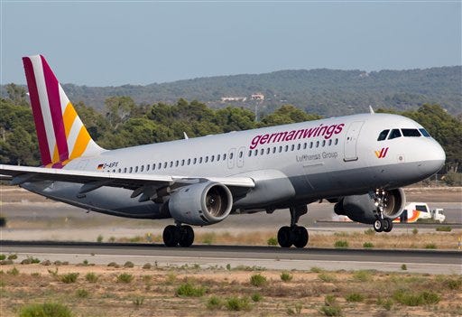 FILE - In this Sunday Sept. 14, 2014 file photo an Airbus A320 flown by the Germanwings airline is photographed on the runway at Palma de Mallorca,Spain. On March 24, 2015,, a Germanwings Airbus A320 crashed on the way from Barcelona, Spain to Duesseldorf, Germany,in the French Alps, killing all 150 people on board. France's air accident investigation agency releases report into the March 2015 crash of a Germanwings jet on March 13, 2016 . ( AP Photo/Tommy Desmet,file) MANDATORY CREDIT