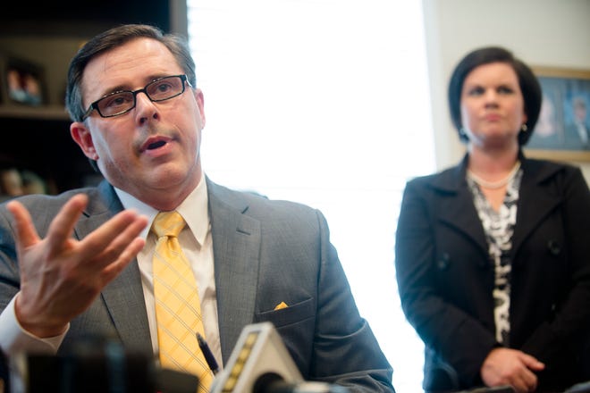 Spencer Collier, former head of the Alabama Law Enforcement Agency, holds a press conference about his termination from his position on Wednesday, March 23, 2016, in Montgomery, Ala. Gov. Robert Bentley announced Tuesday that he is terminating Collier as the head of the Alabama Law Enforcement Agency. The decision came hours after the acting head of ALEA says there was an ongoing investigation into the possible misuse of state funds within the agency. (Albert Cesare/Montgomery Advertiser via AP)