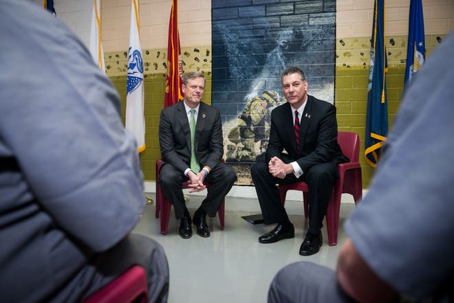 Gov. Charlie Baker visited the Middlesex Jail & House of Correction to tour the new Housing Unit for Military Veterans. A group of six incarcerated veterans attended a roundtable discussion with Baker and Sheriff Peter J. Koutoujian. Courtesy Photo
