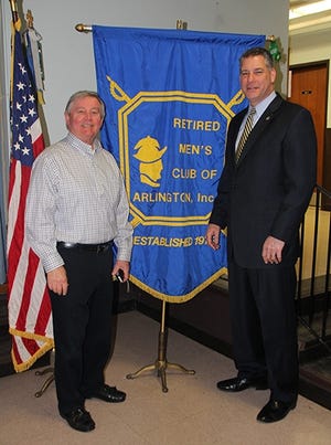 Middlesex Sheriff Peter J. Koutoujian was the guest speaker at the March 23 meeting of the Retired Men’s Club of Arlington. Pictured, from left: Retired Men’s Club of Arlington Vice President Phil Ste. Marie and Koutoujian. Courtesy Photo