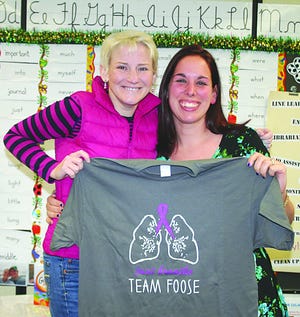 Sarah Foose and Mallory Pohl, teachers at Greencastle-Antrim Elementary School, show the Team Foose shirt which will be for sale at two fundraisers this spring. The monies will help with medical expenses for Foose, who suffers from Cystic Fibrosis.