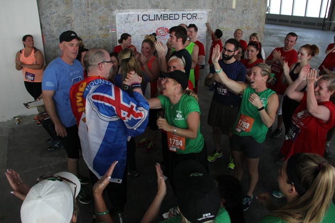 A group gathers at the top of One World Trade Center in New York City after a tower climb for the Stephen Siller Tunnel to Towers Foundation in May 2015. (Photo by Connor Missert | Tunnel to Towers Foundation)