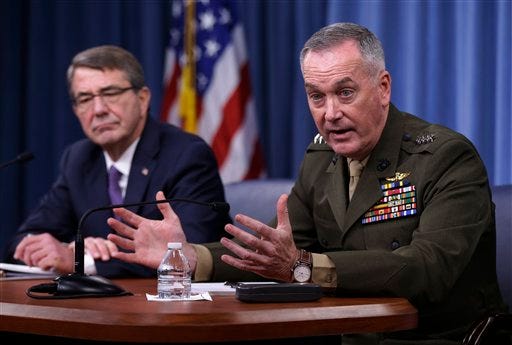 Joint Chiefs Chairman Gen. Joseph Dunford, with Defense Secretary Ash Carter, speaks during a news conference at the Pentagon, Friday, March 25, 2016, where they announced U.S. forces killed a senior Islamic State leader, among several key members of the militant group eliminated this week.