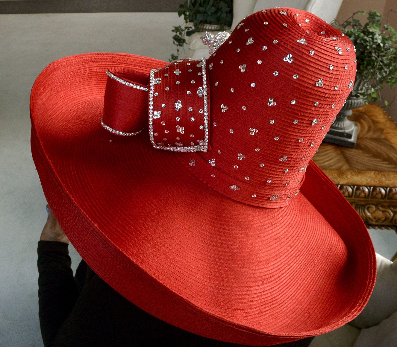 Song Vintage Fabulous Large Church Hat ~ Big Bright Red Wool & Sequin ~ Mr