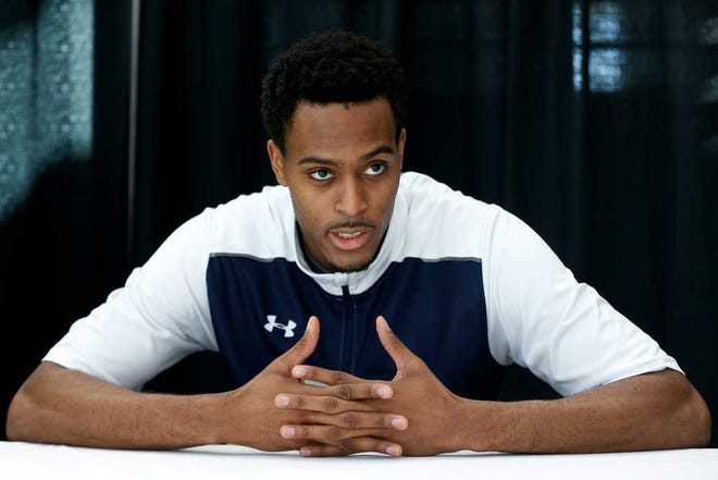 Notre Dame's V.J. Beachem speaks during a college basketball news conference, Saturday, March 26, 2016, in Philadelphia. Notre Dame will play North Carolina on Sunday in the regional finals of the men's NCAA Tournament. (AP Photo/Chris Szagola)