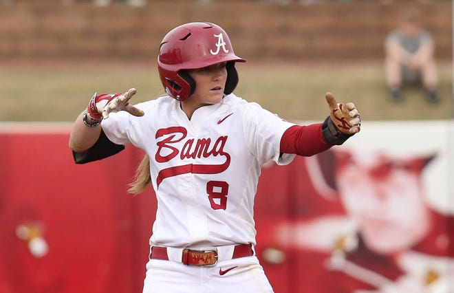 Alabama's Haylie McCleney (8) celebrates at second base after hitting a double in a game against Mizzou at Rhoads Stadium in Tuscaloosa, Ala. on Saturday March 26, 2016. Alabama won the game 9-1 after 5 innings. staff photo/Erin Nelson