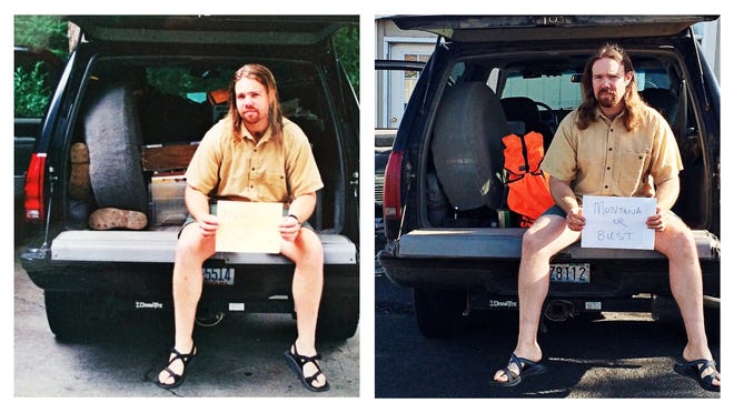 At left, Seth Bynum poses with a sign reading 'Montana or Bust' while sitting on the back of his Chevy Tahoe in Belmont in 2001. At right, Bynum recreates the same picture in Washington state in 2015 when he headed back to Montana to fish, hunt and take photos. Bynum is a student at Washington State University's College of Veterinary Medicine and an avid wildlife photographer. Photos courtesy of Seth Bynum.