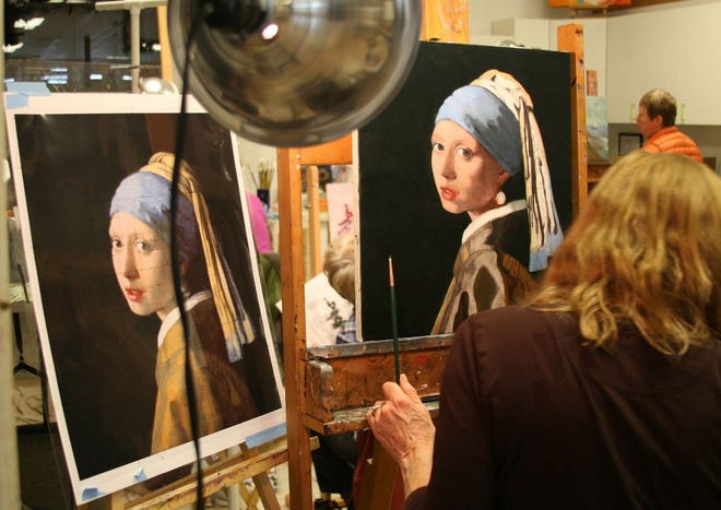 Mount Shasta artist Lynda Hardy creating a reproduction of Vermeer's Girl With A Pearl Earring for the 4th annual Forgery Show, on display April 1 to 30, 2016 in downtown Mount Shasta.