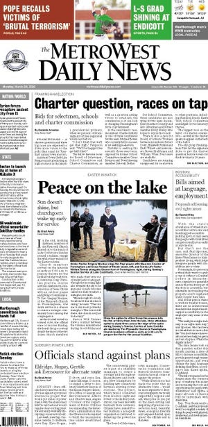 The front page for Monday, March 28, 2016, in The MetroWest Daily News.
