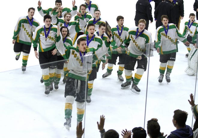 Led by North Smithfield captain and game MVP Riley Boucher, the Northmen skate to their fans to share in their Division II championship win over Portsmouth Monday night.