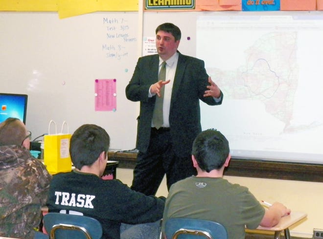 Hummel's Office Plus Chief Operating Officer Harrison Hummel IV speaks to Poland students during the school's Career Exploration Day, put on by the Herkimer-Fulton-Hamilton-Otsego BOCES School To Careers program on March 18. SUBMITTED PHOTO