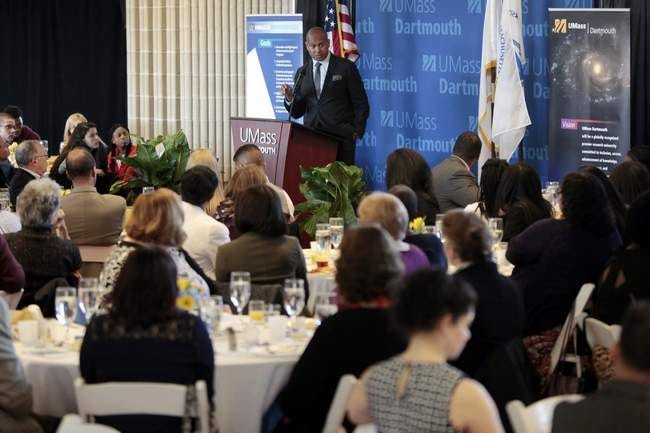 Author, Kevin Powell, delivers the keynote speech at the 14th annual Martin Luther King Jr. breakfast at UMass Dartmouth.