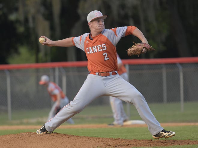 Mount Dora's Gavin Bixler (2) pitches during Friday's game against South Sumter at Raider Field in Bushnell.