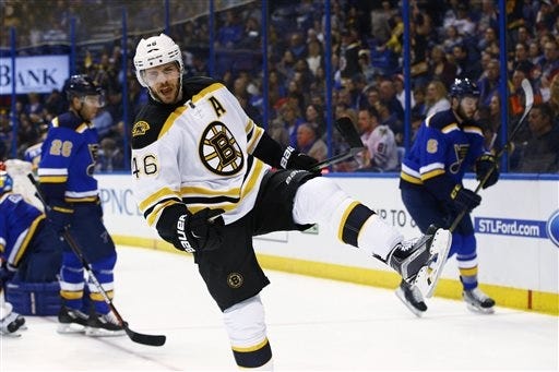 David Krejci celebrates after scoring a goal during the first period of the Bruins game against the Blues on Friday. AP Photo/Billy Hurst