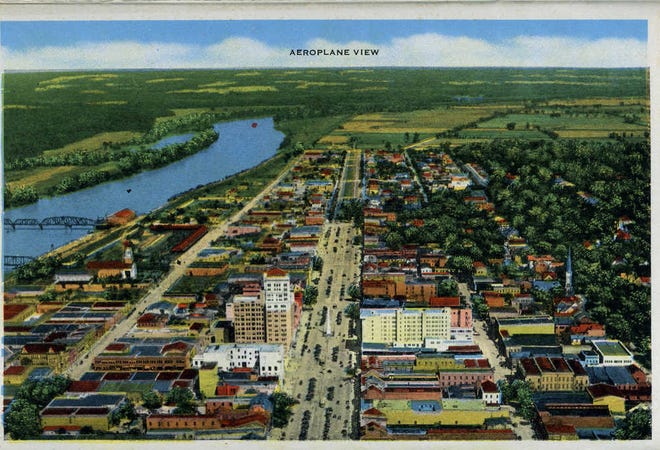 Vintage postcard shows downtown Augusta from an 'aeroplane'.