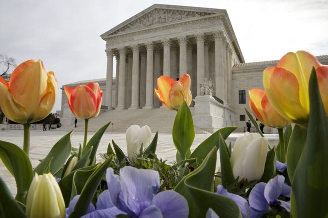 The Supreme Court is seen in Washington, Monday after justices ruled in a case involving the constitutional principle of 'one person, one vote' and unanimously upheld a Texas law that counts everyone, not just eligible voters, in deciding how to draw legislative districts. AP Photo/J. Scott Applewhite