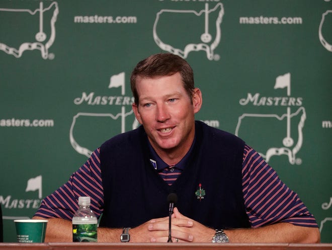 Jim Herman, winner of the Houston open, speaks to the media after a practice round for the Masters on Monday in Augusta.   Chris Carlson Associated Press