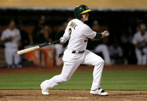 Oakland Athletics' Jed Lowrie swings for a two run single off Chicago White Sox pitcher Chris Sale in the third inning of a baseball game Monday, April 4, 2016, in Oakland, Calif. (AP Photo/Ben Margot)