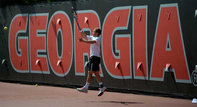Georgia's Nick Wood returns during a second round NCAA tennis match between UGA and FSU on Saturday, May 9, 2015 in Athens, Ga.  (Richard Hamm/Staff) OnlineAthens / Athens Banner-Herald